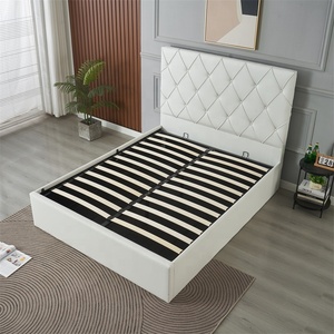 Lit ottoman Queen Size avec rangement, mobilier de chambre, revêtement en cuir blanc doux, tête de lit capitonnée à boutons, lits rembourrés - Product Image 3