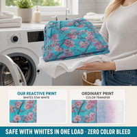 Jean taille haute à jambe large pour femme, imprimé numérique réactif, bleu cyan turquoise dégradé, motif fleurs de cerisier Sakura rose éclatant, couleur inaltérable