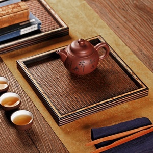 Bandeja de Té de Bambú Hecha a Mano con Superficie de Tapete Tejido, Mesa de Preparación en Seco, Soporte para Tetera, Accesorio para Ceremonia del Té, Bandeja de Servicio - Product Image 4