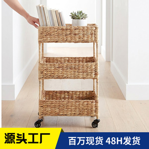Estante con ruedas para almacenamiento de paja, cesta tejida hecha a mano de 3 niveles para papelería, libros y artículos diversos - Product Image 4