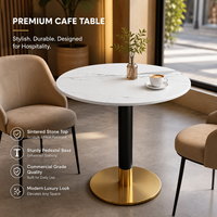 Table Ronde Commerciale en Pierre Frittée avec Piétement en Métal Noir et Doré, Mobilier de Restaurant Durable pour Café, Hôtel, Bistro