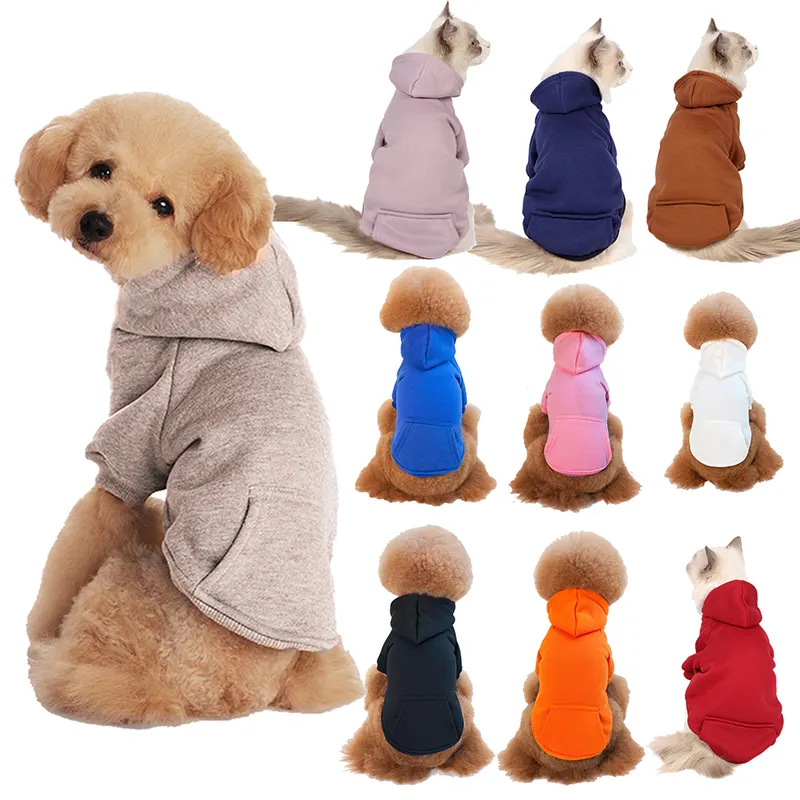 Customized Fashion puppy Teddy clothes Solid color Plush dog cat apparel warm soft Pet hoodie With a hat and pockets