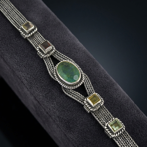 Ethnic Fine Beaded <b>Bracelet</b> with Multi-Stone Natural <b>Gemstone</b> <b>Bracelet</b> in Silver - Product Image 1