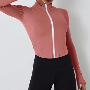 FOXA Women's Cropped Workout Jacket Long Sleeve Fitted Polyester Athletic Yoga Running Pullover With <b>Thumb</b> Hole - Product Image 3