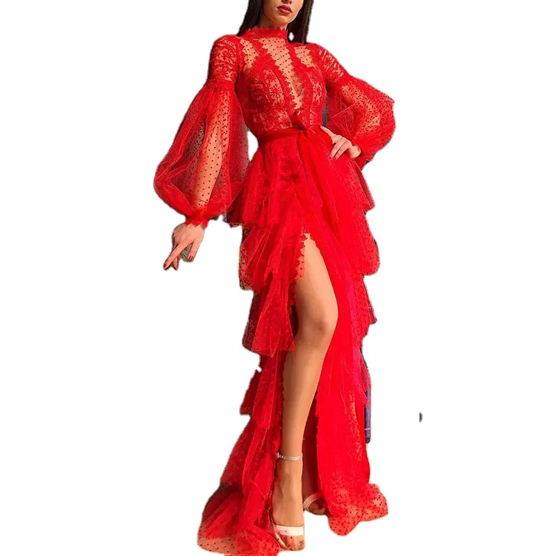 Plus Size Fashion Elegant Ball gown Short Mini Dresses Women Pure Red Lace Knee Length Party Evening Dresses With Long Sleeves