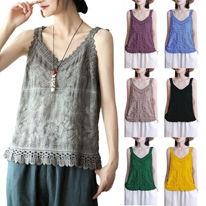 Top Básico de Verano Casual Vintage de Color Sólido sin Mangas con Cuello en V, Nueva Moda Elegante, Holgado y Cómodo, Top de Encaje para Mujer - Product Image 6