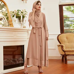 Fabbrica di abbigliamento islamico doppio strato abito in chiffon intrecciato alto abito da donna arabo kaki supporto all'ingrosso customaztion