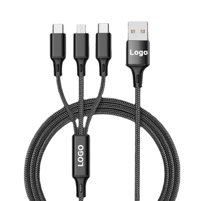 Custom Logo 3-in-1 Nylon Braided Fast Charging Cable Multi-Function USB Type-C Charger Cord for Mobile Phone Tablet Data Sync