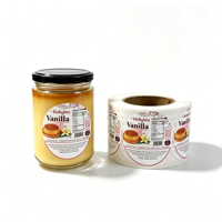 Étiquettes personnalisables en vinyle UV imperméable autocollantes pour emballages alimentaires, étiquettes en rouleau OEM de marque privée pour pots de pudding, flans et verres