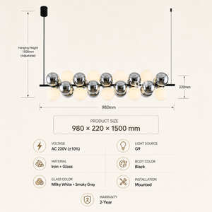 Lustre suspendu moderne linéaire en verre laiteux chromé fumé avec globe G9 et câble réglable pour salle à manger ouverte, restaurant - Product Image 3