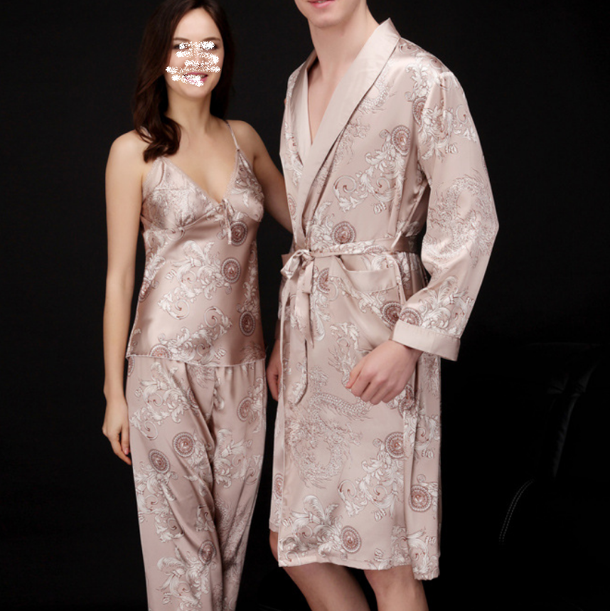 his and hers silk dressing gowns Matching Silk Robe Contrast Piping Silk Robes for Women and Men Navy Blue / M / M (Men)