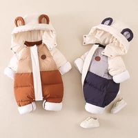 Romper Bayi Berkerudung Musim Dingin, Telinga Kelinci 3D, Patch Boneka Kelinci, Saku Bunga, Jumpsuit Salju Bayi Berlapis Ritsleting