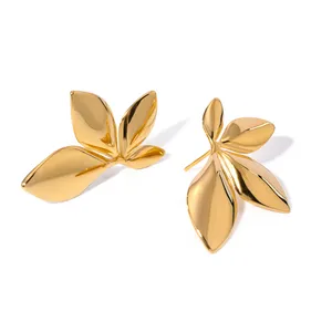 J&D Minimalist Women Jewelry Stainless Steel Leaf Earrings 18K Gold Plated Rotating Leaf Earrings