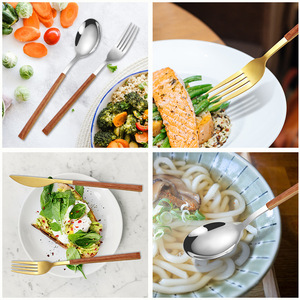 ชุดช้อนส้อมสแตนเลสสตีล ด้ามจับลายไม้เคลือบทอง สไตล์นอร์ดิก มีด ส้อม ช้อน ช้อนขนมหวาน ทนทาน ใช้สำหรับรับประทานอาหาร - Product Image 1