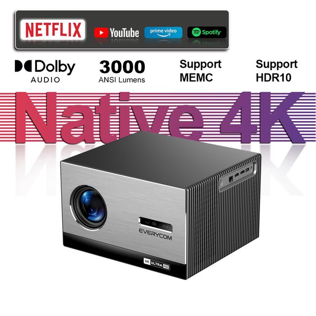 4K Home Projector Native 3840x2160 3000 ANSI Lumens Smart WiFi Full HD Game Projector Video Projecteur Everycom Cinelux