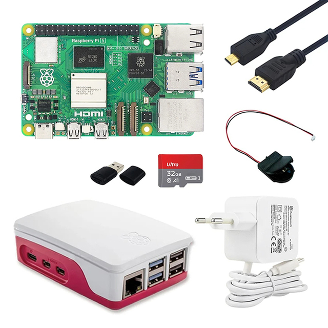 Raspberry Pi 5 Basic Kit 4GB 8GB RAM+Power Supply 27W+RTC Battery Box+SD Card+Card Reader+Case with Fan+Video Cable 4K