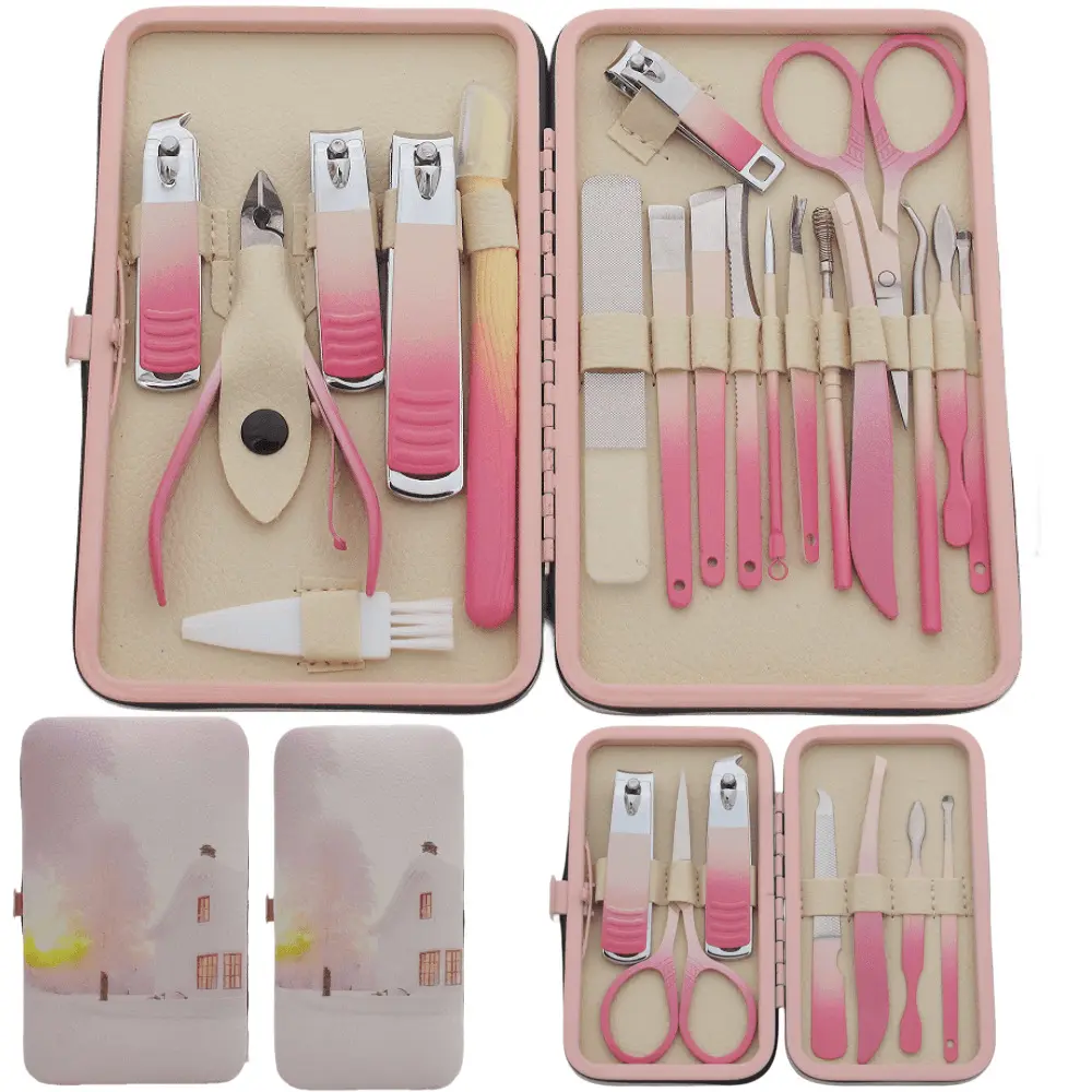 Kit de cortaúñas rosa de 19 piezas al por mayor, pinzas para cutículas con degradado rosa, herramienta para uñas de acero inoxidable para mujeres, manicura, Tijera para piel muerta