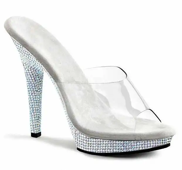 Silver thin heel Rhinestone Competition Shoes Slippers model pole dance Stripper high heels Club platform sandals Exotic Dance