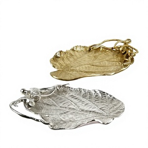 Leaf Shape Metal Serving <b>Tray</b> Polished Finish With Handle Residential Decorative <b>Trays</b> Gold And <b>Silver</b> Color Table Accessories - Product Image 1