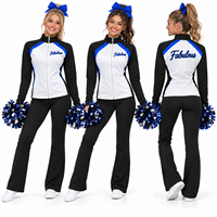 Veste et pantalon d'échauffement de cheerleading extensibles dans les quatre sens, personnalisés, à rayures bleues, noires et blanches, avec fermeture éclair intégrale et col montant, pour entraînement d'équipe