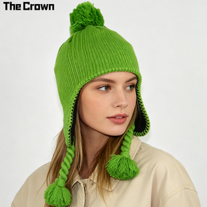 Custom Logo Trapper Earflap Hat Wholesale Bulk Ribbed Knit <b>Winter</b> <b>Cap</b> With Triple Pom-Pom Tassel Warm Hat Manufacturer - Product Image 2