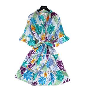 Robe d'été décontractée pour femme, style européen et américain, imprimée, col en V, silhouette crayon, manches 3/4 à volants, taille nouée, style <span class=keywords><strong>mature</strong></span> et affirmé - Product Image 2