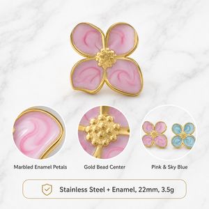 Pendientes de botón de flor de acero inoxidable dorado de 22 mm al por mayor, con cuatro pétalos, esmalte marmoleado, efecto goteo de aceite, <span class=keywords><strong>rosa</strong></span> y azul, joyería floral para mujer - Product Image 2