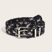Ceinture pour femme en denim/textile avec bordure décorée d'étoiles, boucle métallique réglable, accessoire de mode multicolore pour jeans et robes