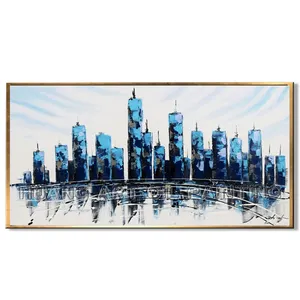 Pintura al óleo de paisaje de edificio de ciudad moderna para decoración, cuchillo abstracto pintado a mano, grupo de paisaje de pinturas al óleo sobre lienzo