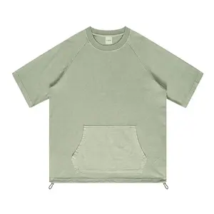 맞춤형 인쇄 및 라벨 라글란 슬리브 티셔츠 단색 캐주얼 남성 티셔츠 포켓 하단 드로우 스트링 티셔츠