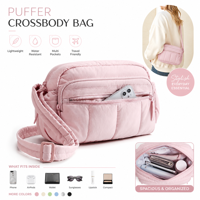 Custom Trendy Puffer Crossbody Bag for Women Waterproof Quilted Shoulder Bag Casual Travel Purse Handbag with Multi-Pockets