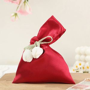 Pochette cadeau réutilisable en satin pour mariage, sac à bonbons et confiseries, 16x21x17cm, motif tulipe, sac fourre-tout en tissu pour mariage - Product Image 3