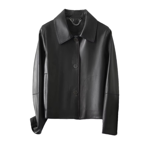 3221 Hot Sale Sheepskin Leather Coat Plain Single Breasted Women Cropped Black Real Leather Jacket