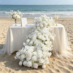 DKB Wholesale <b>Table</b> Faux Floral Row Fake White Artificial Silk Rose <b>Table</b> Flower Runner for Wedding Home <b>Party</b> <b>Decor</b> - Product Image 1