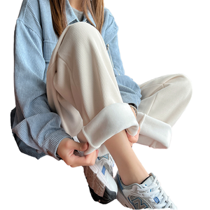 Pantalon long large pour femme, nouvelle collection automne-hiver, taille mi-haute, fermeture éclair, en velours côtelé épais doublé polaire, anti-boulochage, 2026 - Product Image 1