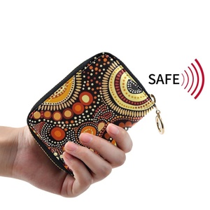 Boho Australian Aboriginal Art Custom Print Zipper Around Small PU Leather RFID Blocking <b>Card</b> <b>Holder</b> Pouch <b>Wallet</b> with Key Chain - Product Image 1