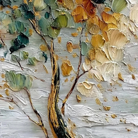 Tableau mural nature morte peint à la main sur toile, motif arbre texturé avec accents dorés, style couteau à palette, thème Arbre aux bijoux émeraude