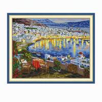 Kits de broderie au point de croix DIY, paysage nocturne de la côte méditerranéenne, ensemble de broderie 11/14/16CT, décoration murale pour la maison
