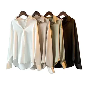 2024 femmes blanc Satin Blouse à manches longues bureau bouton hauts coton Chemise Femme dame Blusas Mujer pour l'été