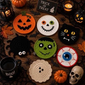 Sous-verres en crochet faits main pour Halloween, motifs citrouille, fantôme, monstre, en <span class=keywords><strong>laine</strong></span>, résistants à la chaleur, décoration de table de fête, fantaisie, pour l'international - Product Image 2