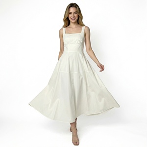 שמלת מקסי נשית, 100% כותנה, ללא כתפיות, בגזרה A, עם קשירה במותן, צווארון U, גזרה רחבה, מבד ארוג, מתאימה לכל עונות השנה, ללבוש יומיומי - Product Image 1