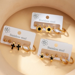Nouvelles boucles <span class=keywords><strong>d</strong></span>'oreilles créoles plaquées or pour femmes, <span class=keywords><strong>en</strong></span> acier inoxydable, motifs étoile, <span class=keywords><strong>croix</strong></span> et fleur, lot <span class=keywords><strong>de</strong></span> 3 paires - Product Image 1