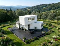 Villa conteneur préfabriquée blanche à deux étages, à ossature ondulée verticale, en kit, pour entrepôt/villa, design moderne pour station de villégiature en montagne