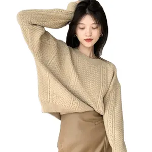High quality cozy winter knitted sweater manufacturer short sweater women round collar pullover sweater