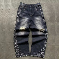 Fabricant OEM ODM sur mesure, Jean en denim pour homme, taille haute, coupe droite, déchiré et vieilli, imprimé motifs diamants et strass, éco-responsable