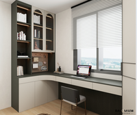 Dressing en cuir beige et noir avec éclairage intégré et armoires à portes vitrées pour la maison