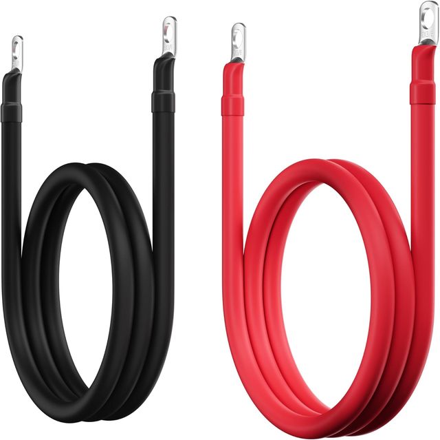2 AWG Battery Cable Pure Copper Red Black Pair 3/8" Ring Lugs Inverter Solar RV Marine Car Heavy Duty