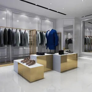 Mode Einzelhandel Männer Metall Holz Innen geschäft Leuchten Design Kleidung Display Racks Regal für Bekleidungs geschäft