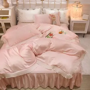 China Manufacture Warm Home Screen Print Pink Striped bad sheet cotton quilt bedding set 100 cotton hotel