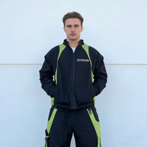 Tute da Uomo Trendy Nere e Verde Neon con Giacca con Cappuccio e Zip, <span class=keywords><strong>Pantaloni</strong></span> a Gamba Larga, Logo Personalizzato, Tasche Funzionali, Tute Oversize - Product Image 2